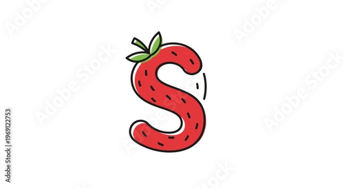 Whimsical letter S shaped like a juicy strawberry with vibrant red color and green leaves for