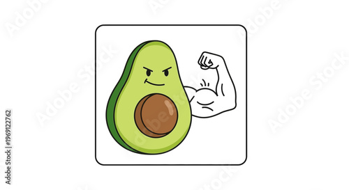 A vibrant green avocado character flexing a powerful bicep symbolizing health strength and