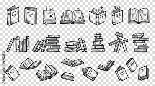 Hand-drawn line art icons of books, notebooks, and study materials for education, reading, and learning concepts