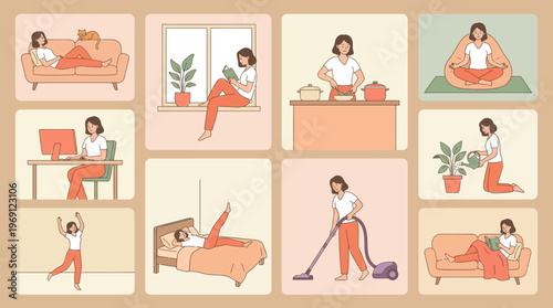 Collage of cozy at home life scenes showing a person relaxing, working remotely, cooking, cleaning, and exercising in pastel-colored illustrated panels.