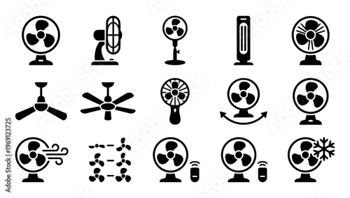 Fan Icon Set – Ventilator Cooling Devices and Airflow Silhouette Collection