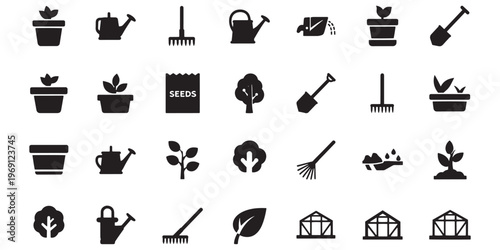Gardening icons, plant symbols, garden tools, landscaping graphics, 25 black silhouette vector graphics