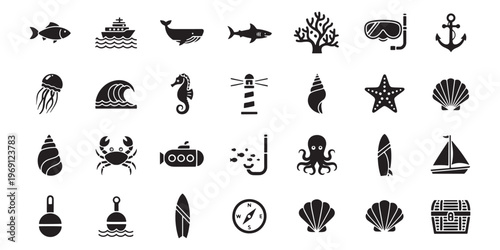 Nautical icons, ocean symbols, 25 black and white vector graphics, marine signs, sea illustrations