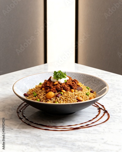 Moroccan Tagine with Rice and Garnish in Serving Dish