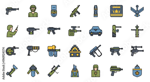 Military Assets and Modern Weaponry Vector Icon Set in Flat Design Style for Games and Interface