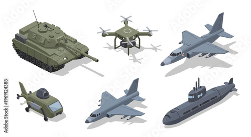 Isometric Military Vehicles Collection Set Isolated: Tank, Fighter Jet, Submarine, Drone, and Helicopter.