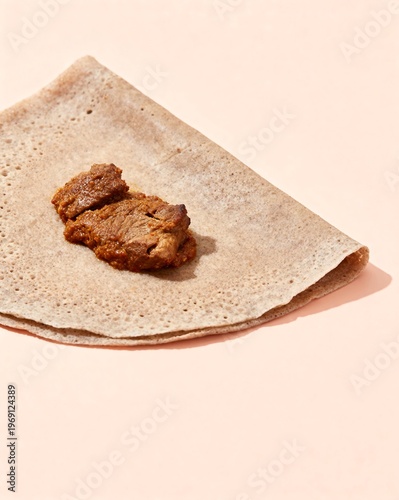 Ethiopian Injera with Spiced Meat Filling, Close Up