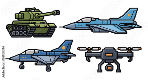 Pixel Art Military Vehicle Set: Tank, Fighter Jet Plane, and Drone Isolated on White Background