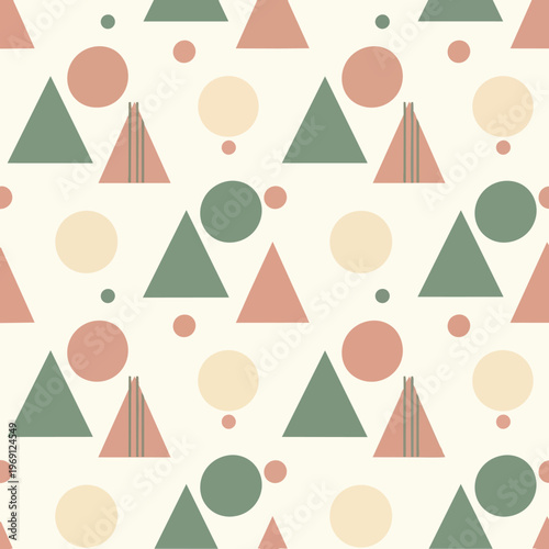 Seamless bohemian geometric pattern with abstract triangles, circles, and stylized teepee shapes in a harmonious muted earthy color palette, perfect for textile or digital paper.