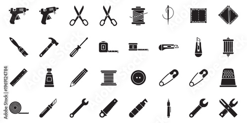 Black tool icons set, 30 tools collection, toolbox symbols, industrial equipment