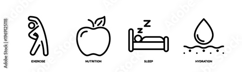 Healthy lifestyle line icon set featuring exercise, nutrition, sleep, and hydration. Simple outline symbols representing wellness, fitness, balanced diet, rest, and healthy living concepts.