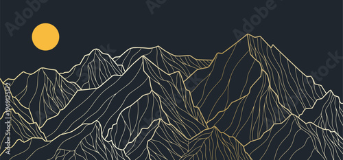 Black and gold mountain line art wallpaper featuring elegant landscape illustration
