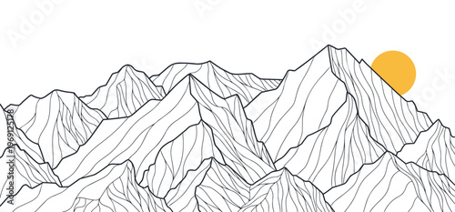 Black and white mountain line art wallpaper featuring elegant landscape illustration.