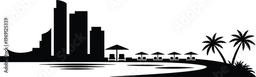 City skyline with beach resort, umbrellas, lounge chairs, and palm trees vector illustration