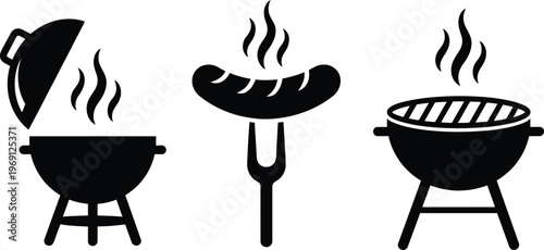 Barbecue grill with sausage on fork and cooking grill