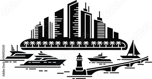 Coastal city panorama with modern buildings, palm trees, boats, and bridge at sunset