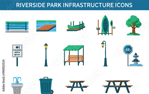Riverside Park Infrastructure Icons Set Amenities and Facilities for Outdoor Spaces