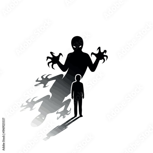 Man with a monstrous shadow representing inner demons and mental health struggles.