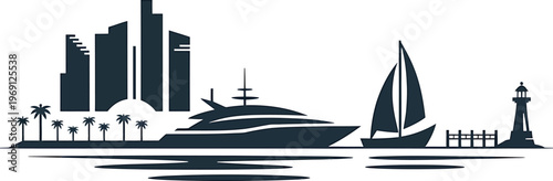 Coastal city skyline with yachts and sailboat by lighthouse vector flat illustration design