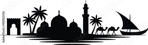 Desert oasis silhouette camels mosque palm trees sailboat
