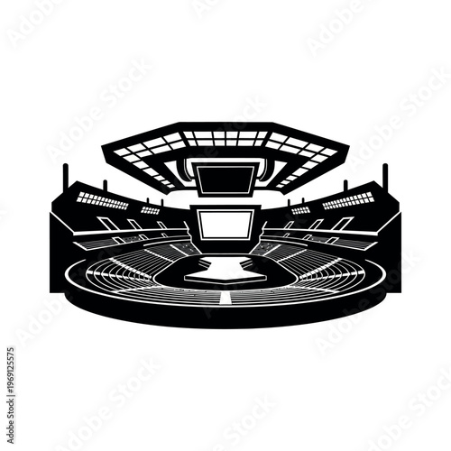 Modern sports stadium arena black and white illustration.