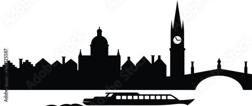 European city skyline with historic buildings, big ben, bridge, and river boat