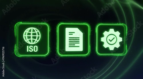 Digital Icons Sequence Animation Global Standards Compliance Technology Interface Futuristic Glow Cinematic Motion