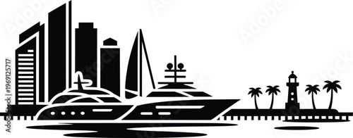 Modern city skyline with luxury yachts and tropical palm trees on coastal pier black silhouette