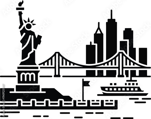 New york city silhouette featuring statue of liberty brooklyn bridge skyscrapers and ferry boat
