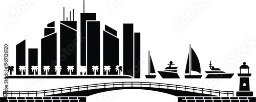Tropical city waterfront silhouette with modern skyscrapers yachts and lighthouse across arch bridge