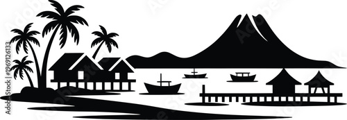 Tropical island resort landscape with volcanic mountain and traditional overwater beach cabins