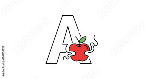 Vibrant illustration of the letter A intertwined with a delightful red apple core and green leaf
