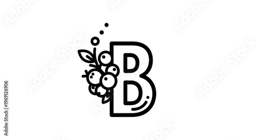 Minimalist Letter B Monogram with Botanical Berry Elements Clean Outline Design Initial Graphic