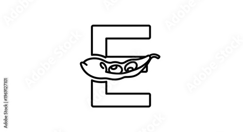 Minimalist black and white graphic depicting the uppercase letter E with a vibrant pea pod
