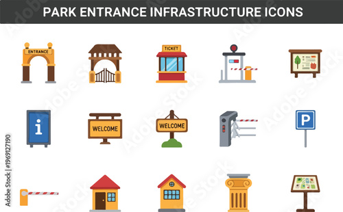 Collection of park entrance infrastructure icons including ticket booths, gates, and signs for various park amenities
