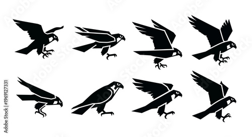 Black silhouettes of flying raptors birds.