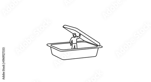 Small individual lifts the top off a rectangular storage box revealing hidden spaces