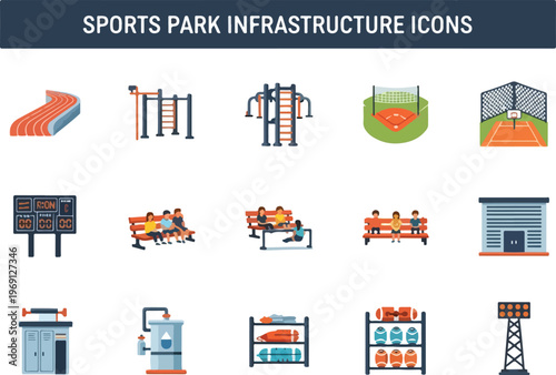 Collection of diverse sports park infrastructure icons and equipment