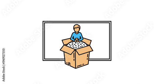 Person nestled within a shipping container brimming with small items inside a bold frame