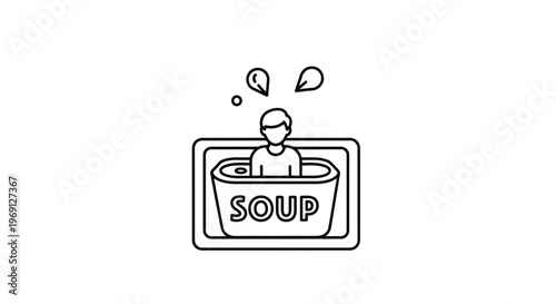 Monochromatic graphic illustrating an individual literally bathing in a hot soup container,