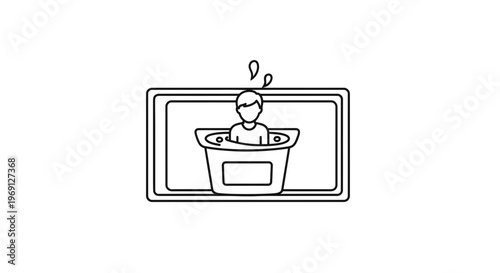 Minimalist line art icon of a person enjoying a relaxing warm bath experience in a framed setting