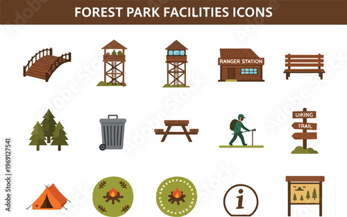 Collection of forest park facility icons for recreation and nature exploration