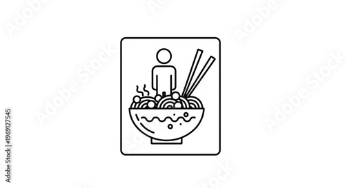 Minimalist ramen bowl icon featuring a person inside with chopsticks, symbolizing asian cuisine