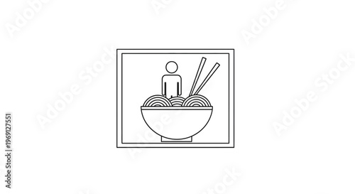 Stylized linear illustration of a diner with an oriental noodle dish and chopsticks