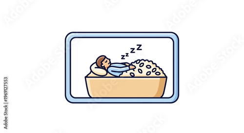 Peaceful cartoon character enjoying a restful slumber nestled within a comforting bowl of grains