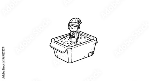 Cozy winter character inside a container filled with soft material minimal monochrome illustration