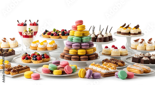 Gourmet dessert table with macarons isolated on white background