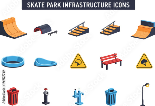 Skate park infrastructure isometric icons for urban sports and recreational areas