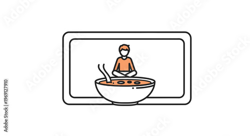 Mindful individual finding tranquility within a giant bowl of soothing culinary delight