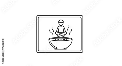 Abstract line art icon depicting a person meditating over a steaming bowl for wellness and